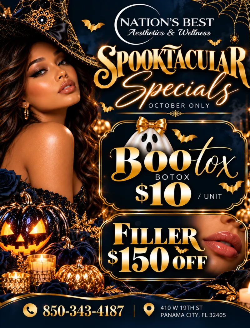 Spooktacular Specials, October only: Botox $10 per unit and $150 off filler. Nation’s Best Aesthetics & Wellness, 850-343-4187, 410 W 19th St, Panama City.